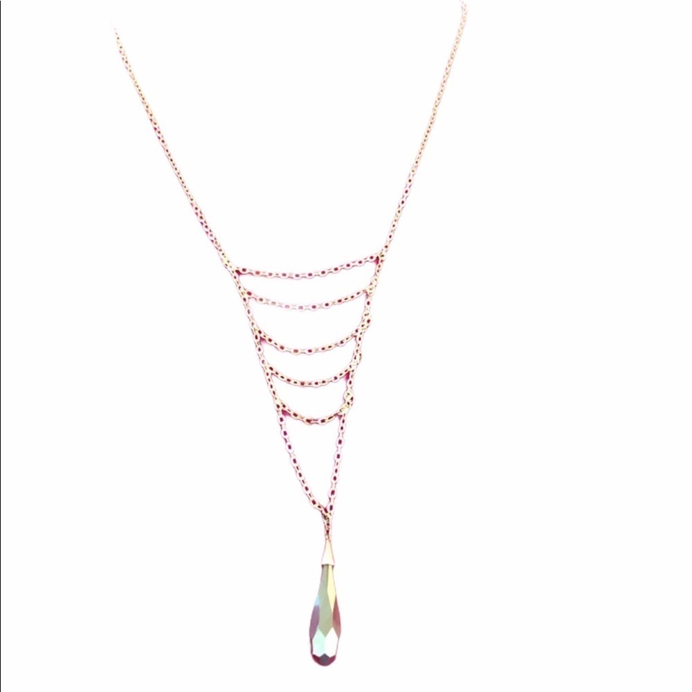 Silver Layered Chain Necklace with Black Teardrop Pendant - Picture 2 of 9